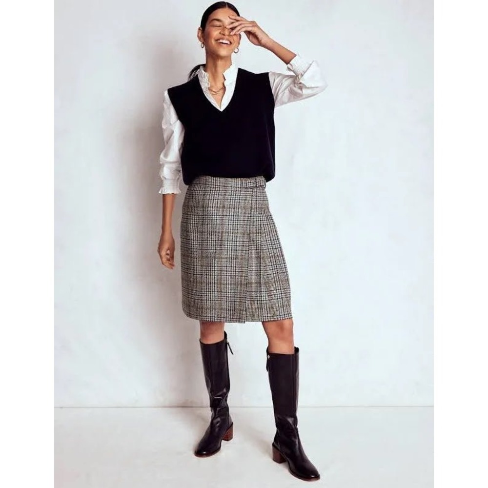 BODEN Plaid Wrap Mini‎ Skirt Wool Blend Brown Size 14R New With Tags